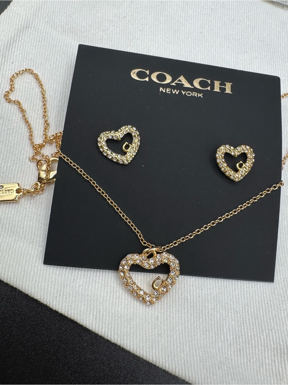 Coach Gold Crystal Heart Necklace and Stud Earrings